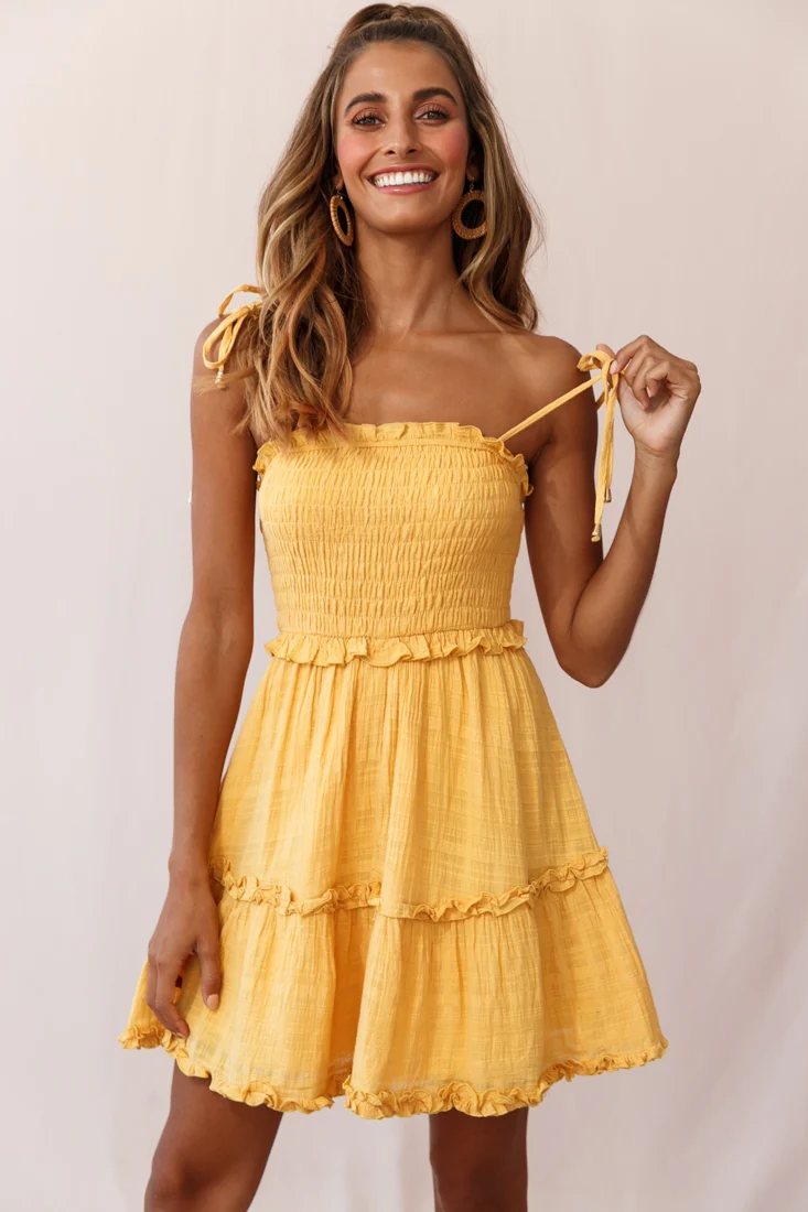 Sherry Tied Shoulder Shirred Bust Dress Yellow - Sonourner