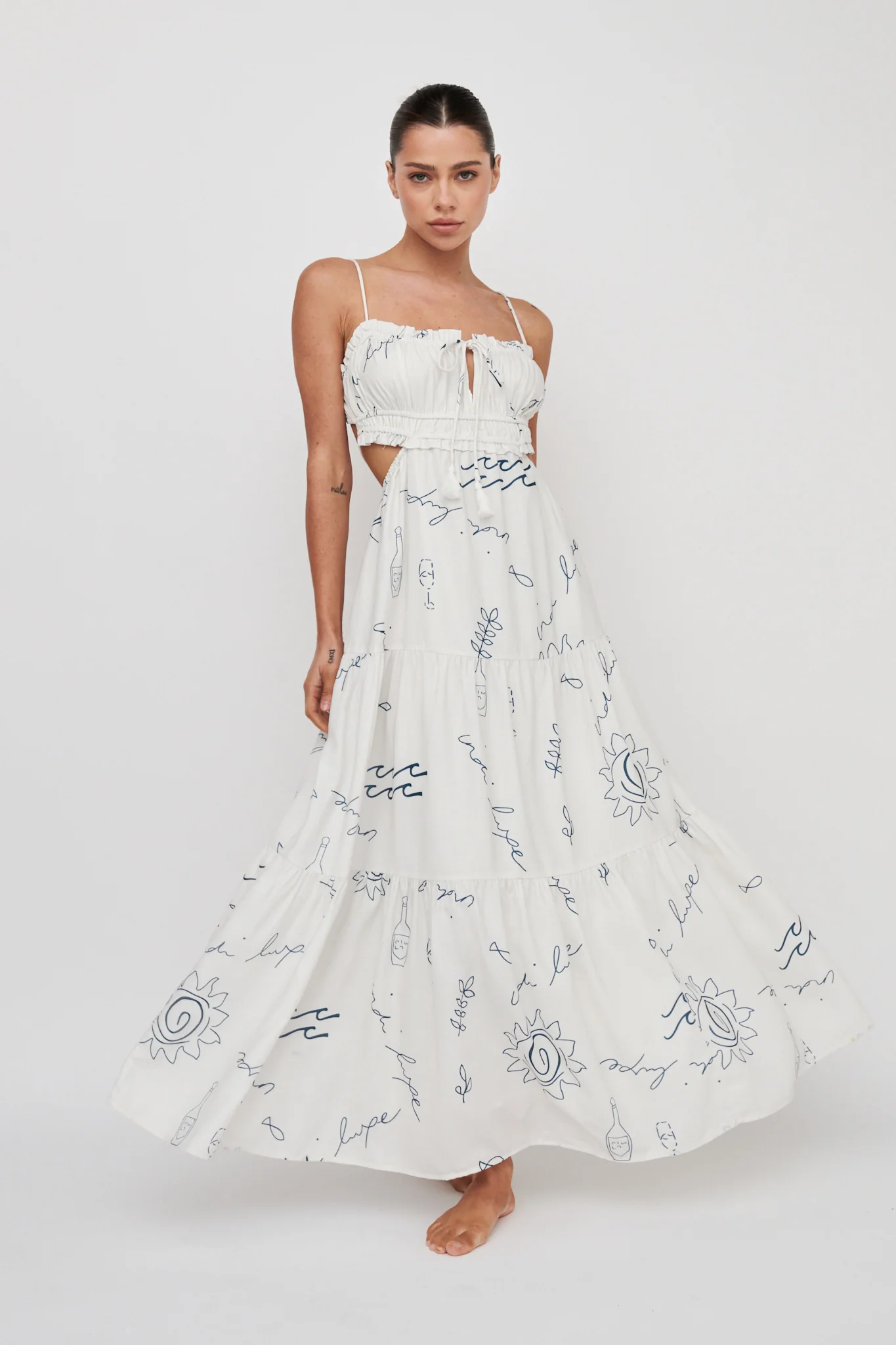 Eyona Cut-Out Back Tie Maxi Dress Print Cream Blue - Sonourner