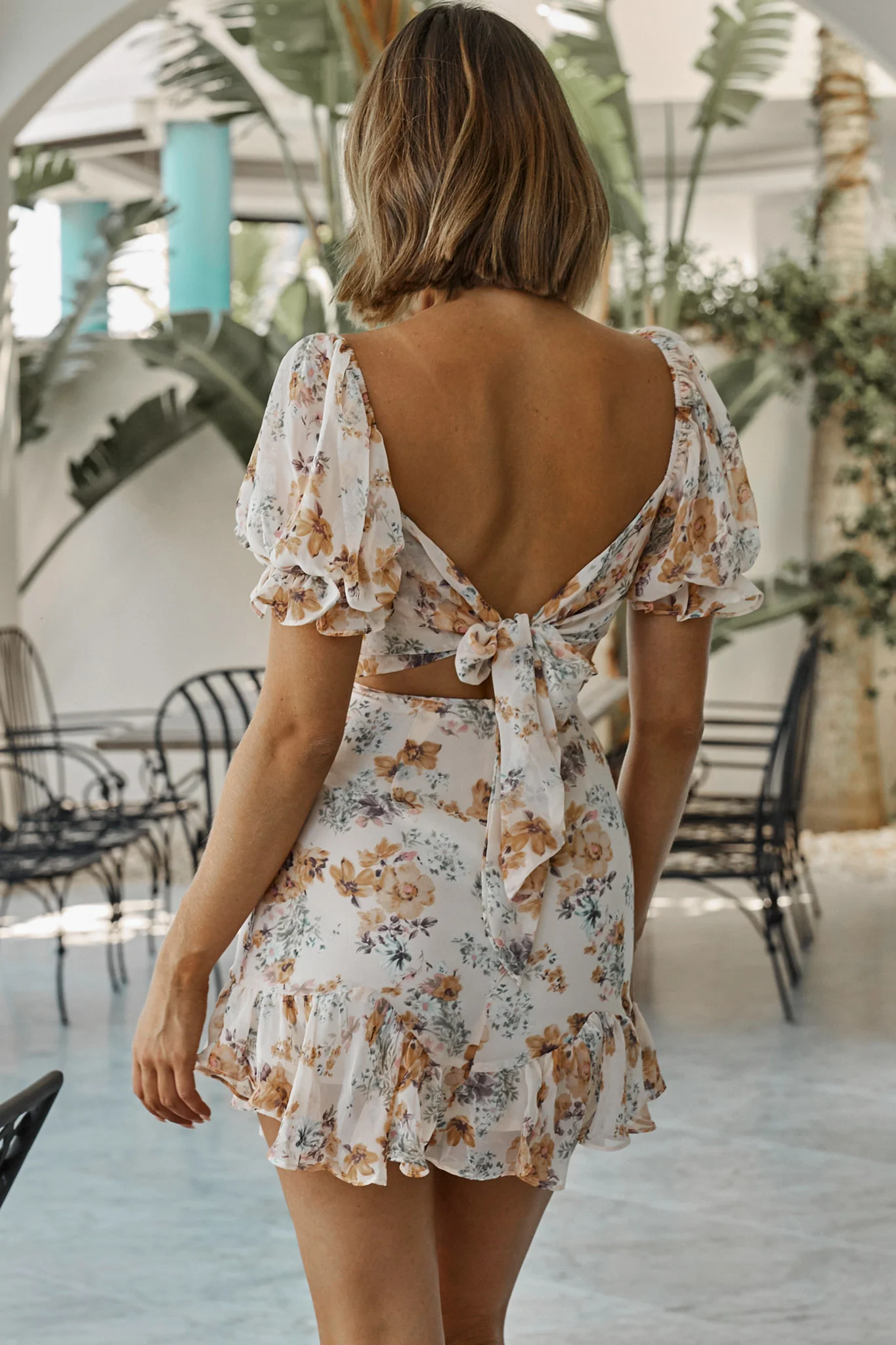 Dearly Beloved Puff Sleeve Frill Hem Dress Floral Print Beige - Sonourner