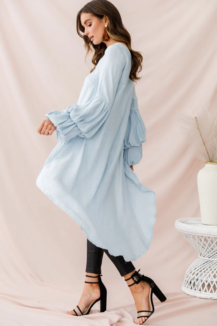 Elaine High Low Balloon Sleeve Top Blue - Sonourner