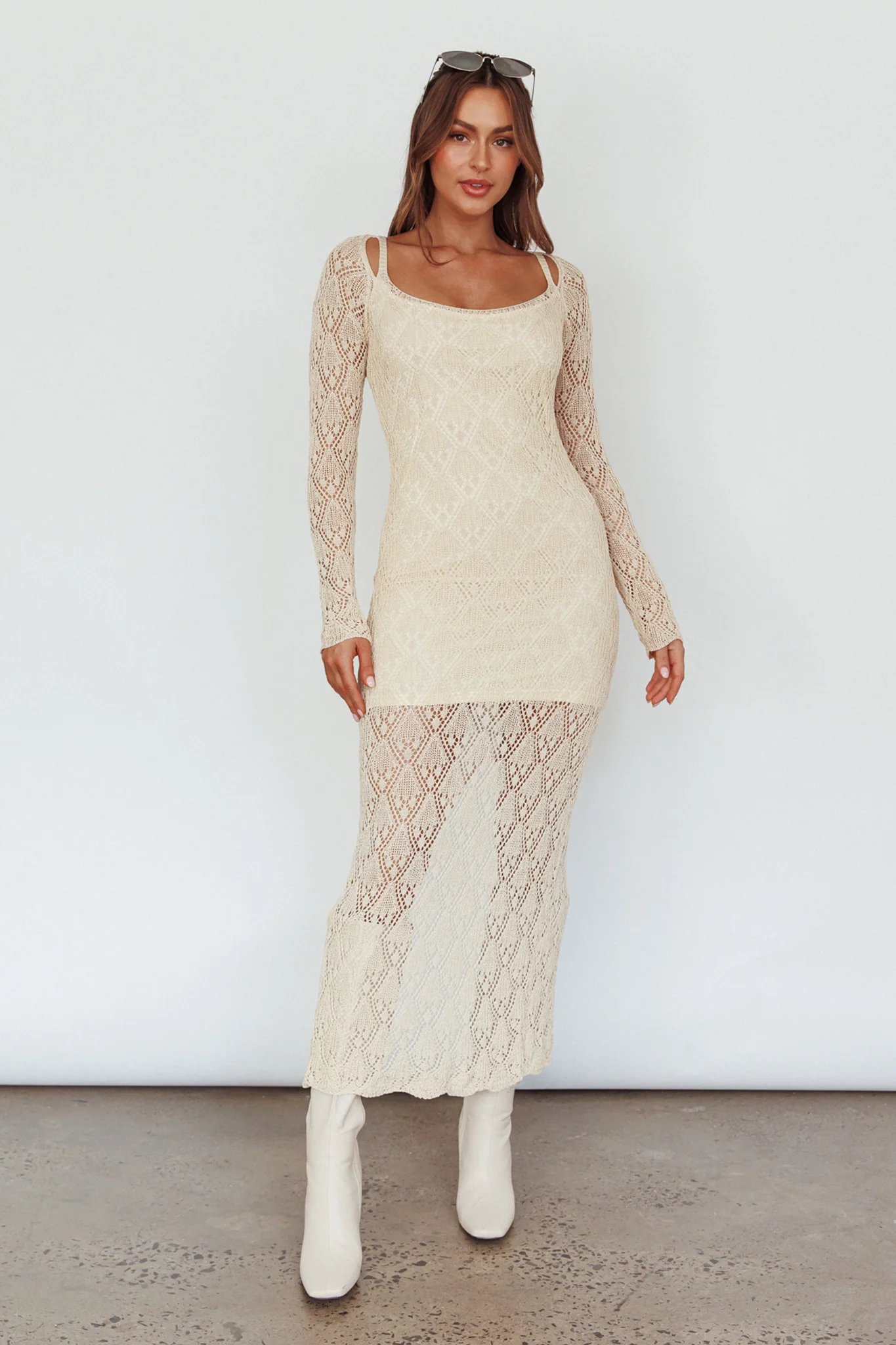 Happy Place Long Sleeve Crochet Midi Dress Beige - Sonourner