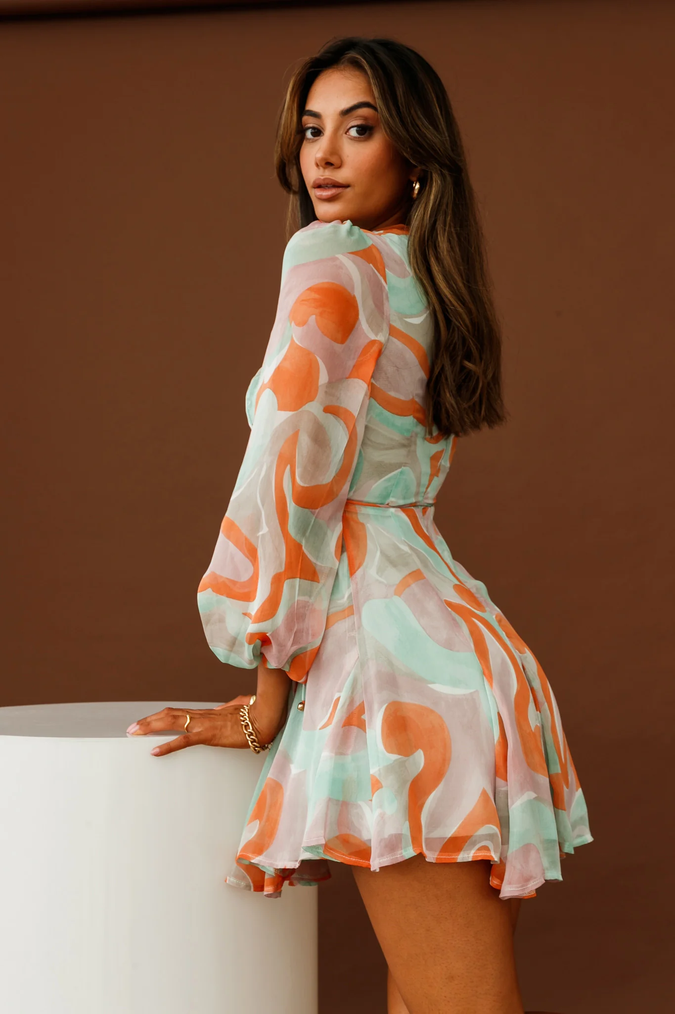 Estelle Long Sleeve V-Neckline Dress Swirl Print Orange/Mint - Sonourner