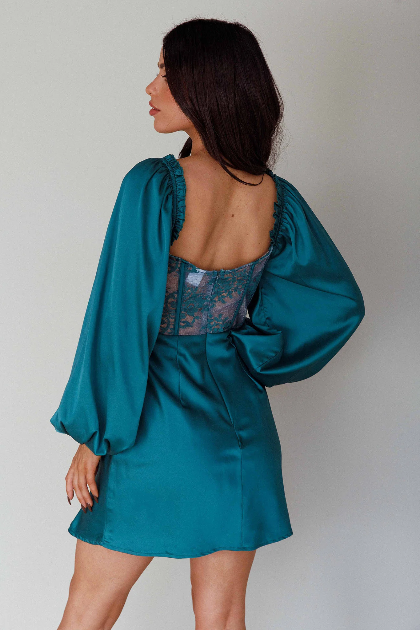 Trophy Long Sleeve Lace Bodice Mini Dress Forest Green - Sonourner