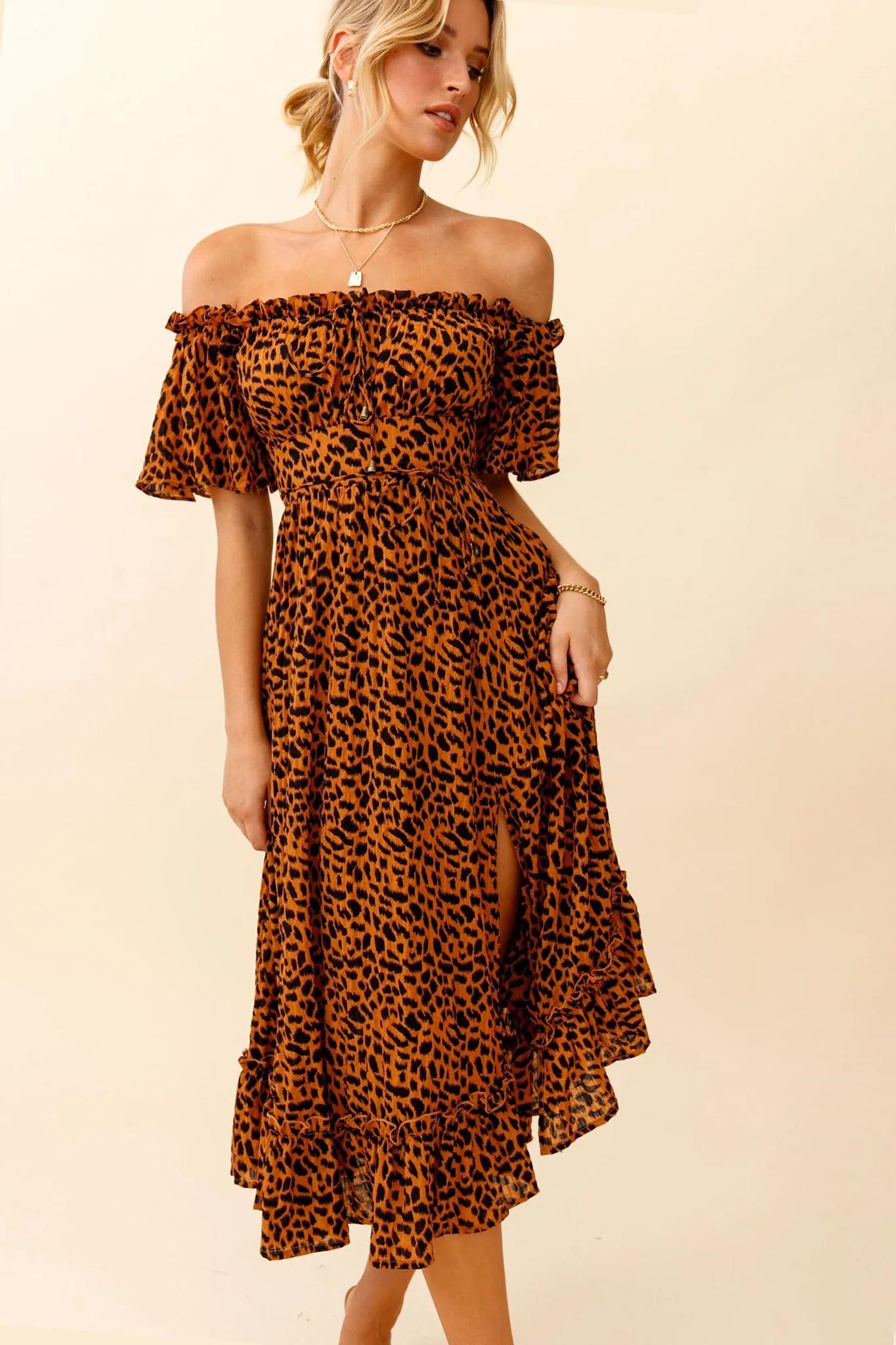 Voyager Off-Shoulder Bell Sleeve Midi Dress Leopard Print Brown - Sonourner