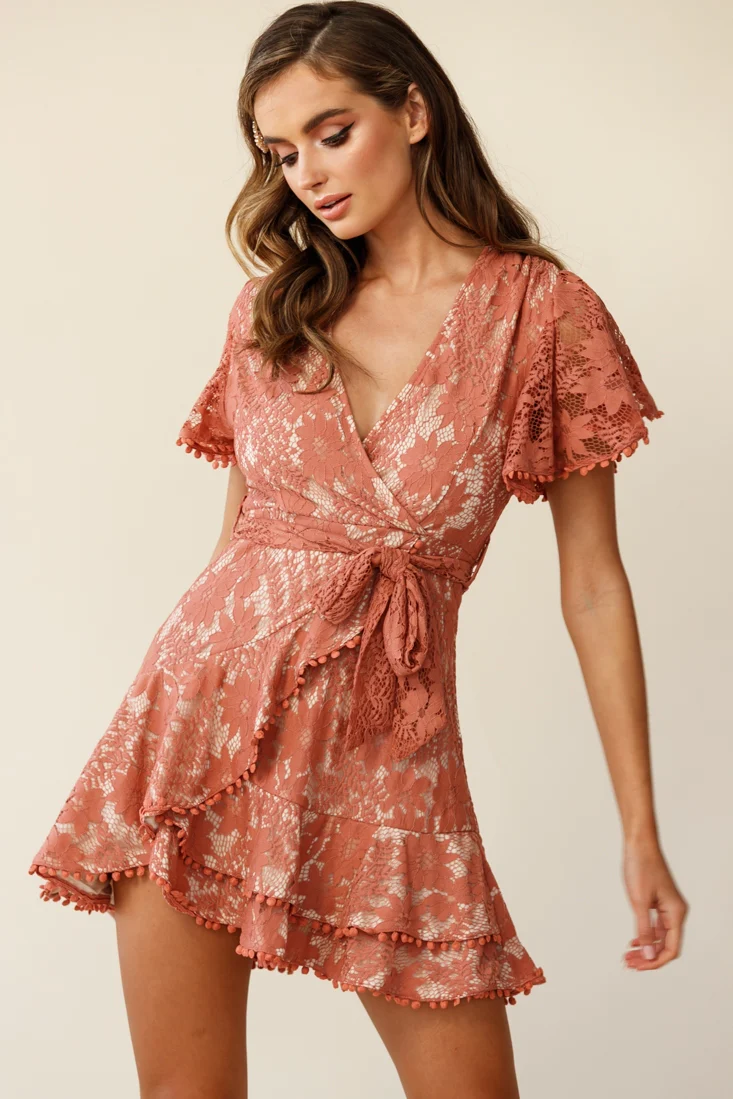 Cami Angel Sleeve Faux Wrap Dress Lace Rose - Sonourner