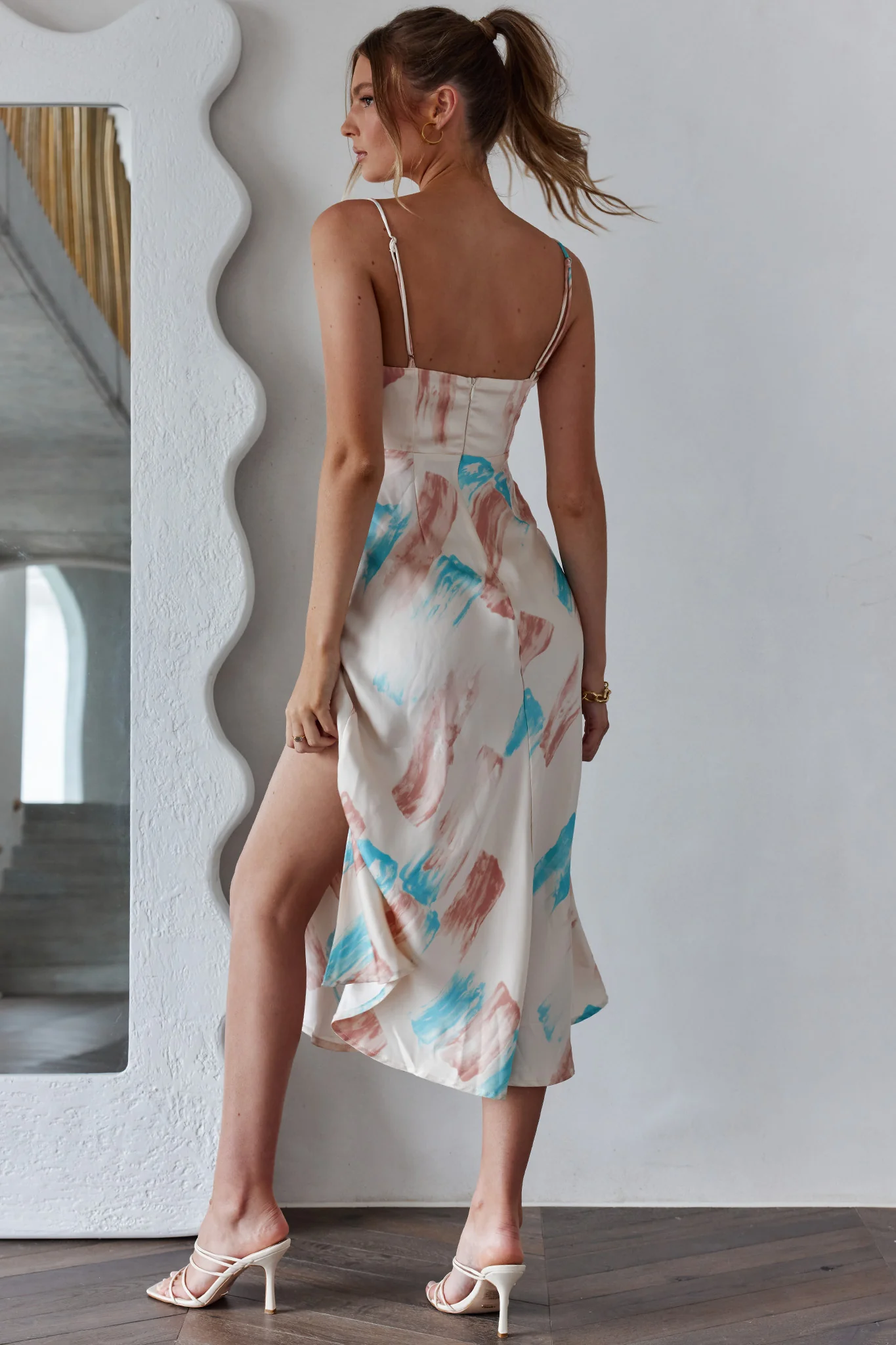 Suki Front Split Midi Dress Watercolor Paint Print Pink - Sonourner