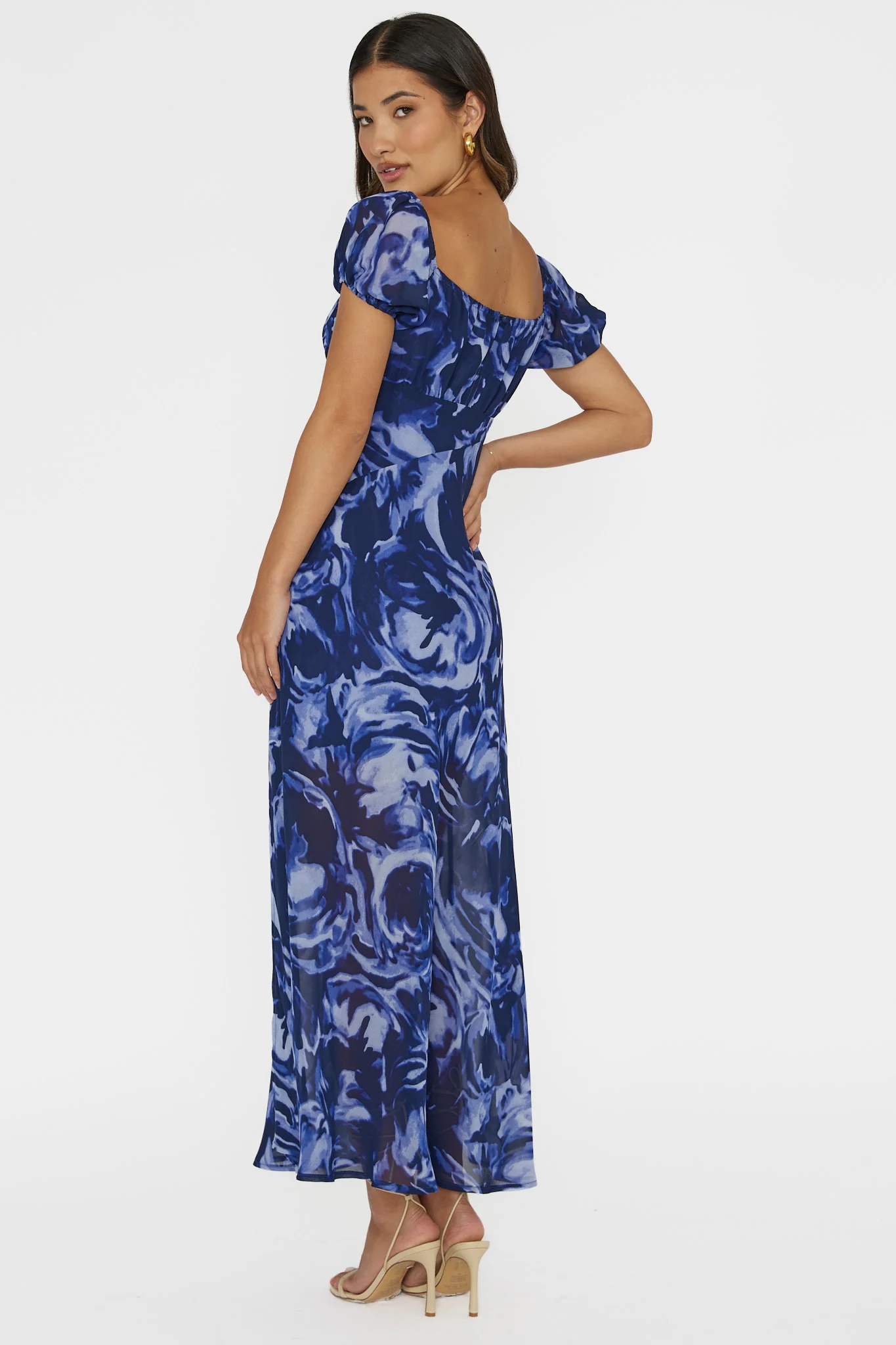 Park Avenue Puff Sleeve Midi Dress Print Blue - Sonourner