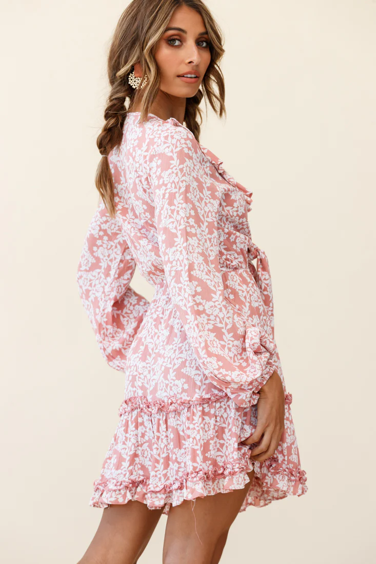 Sunny Daze Long Sleeve Tie-Knot Bust Dress Floral Print Pink - Sonourner