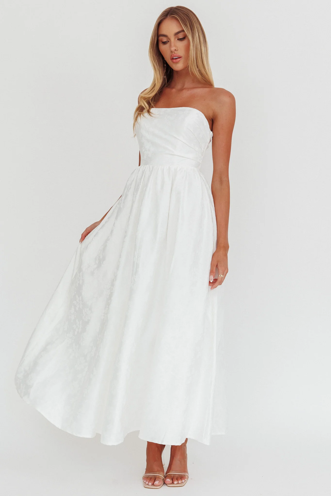 Anushka Strapless Empire Maxi Dress Jacquard White - Sonourner