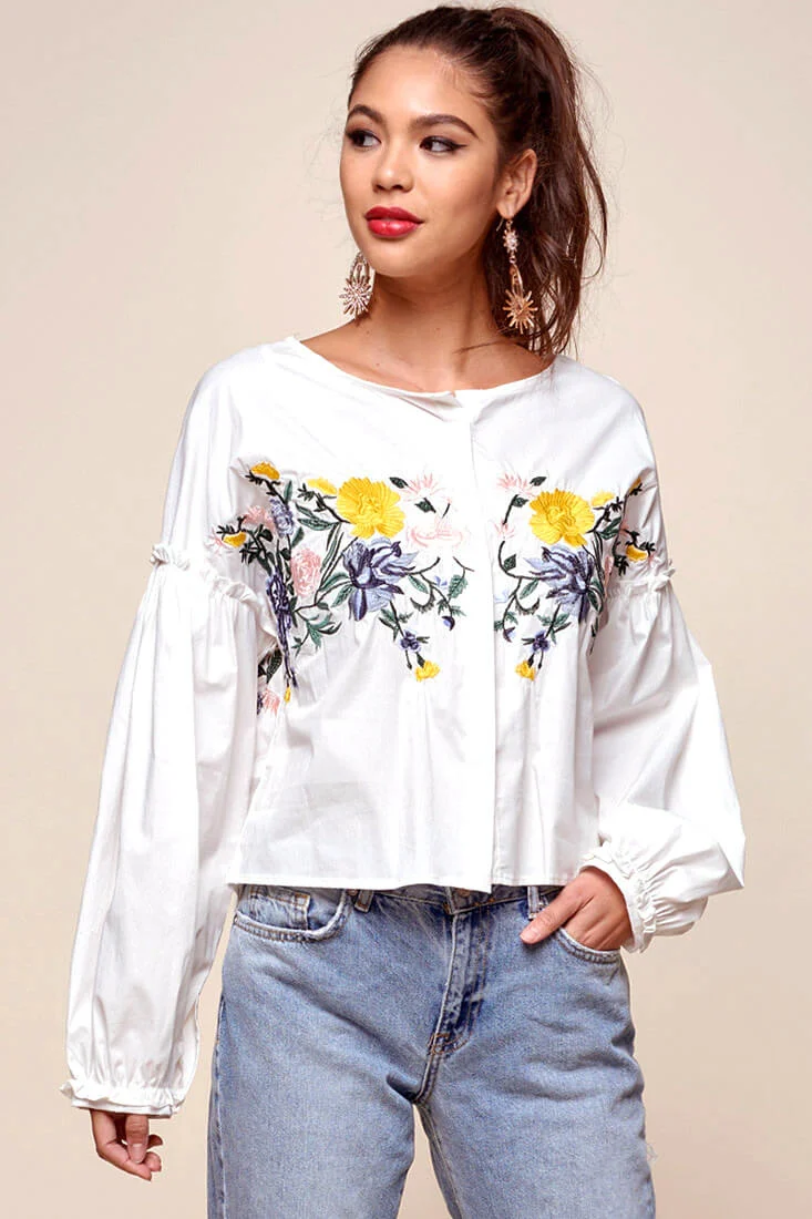 Olivia Floral Embroidered Cinched Wrist Shirt White - Sonourner