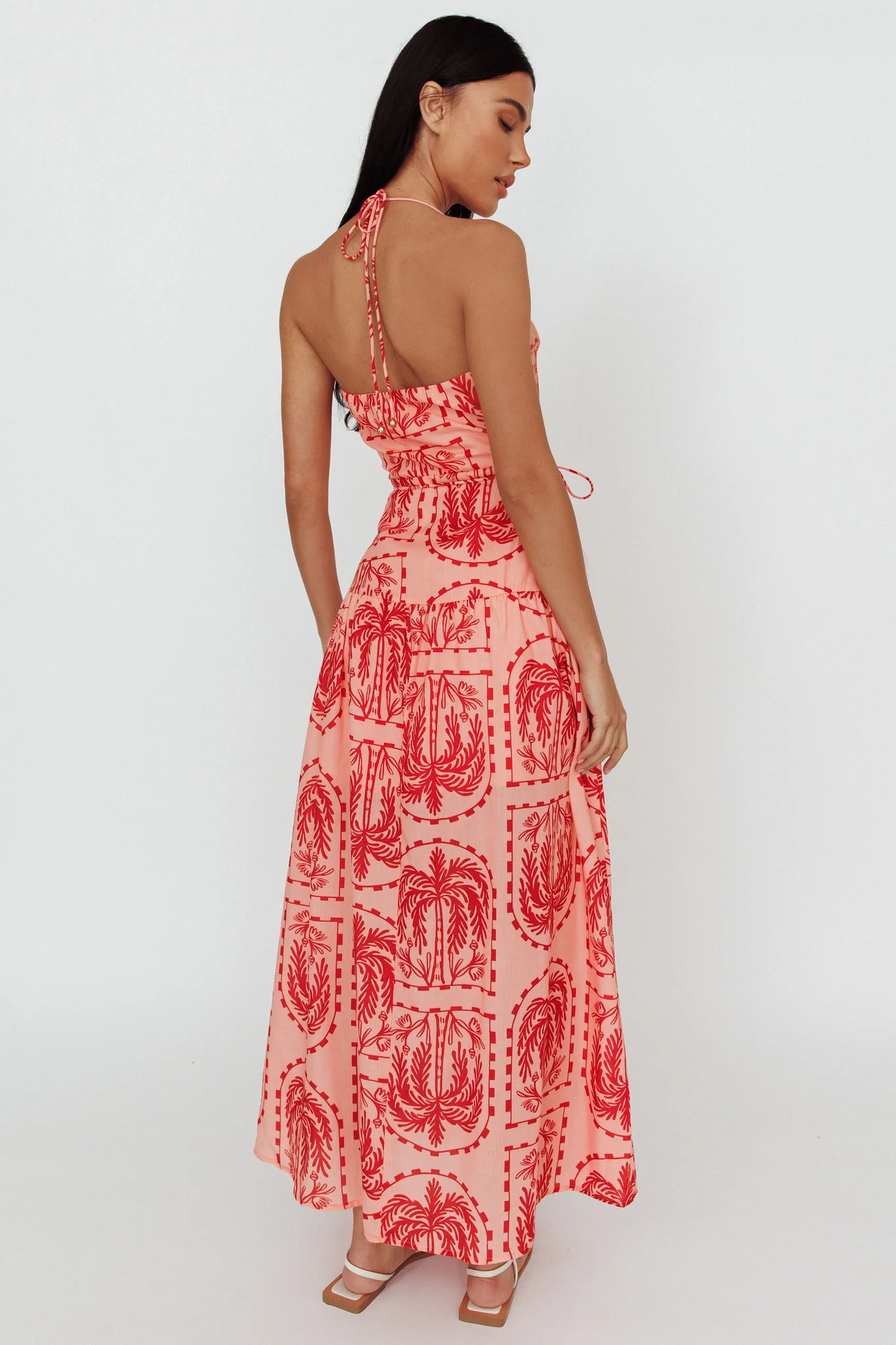 Natasia Halterneck Maxi Dress Palm Print Red - Sonourner
