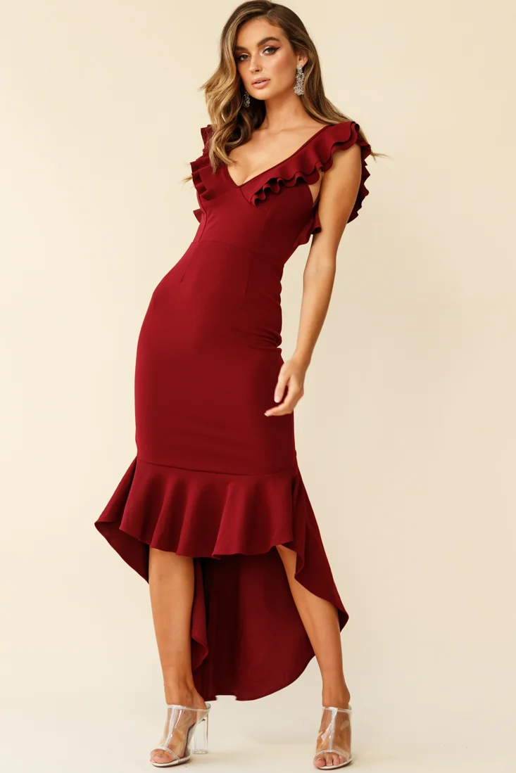 Pearl Ruffle Strap High-Low Hem Dress Plum - Sonourner