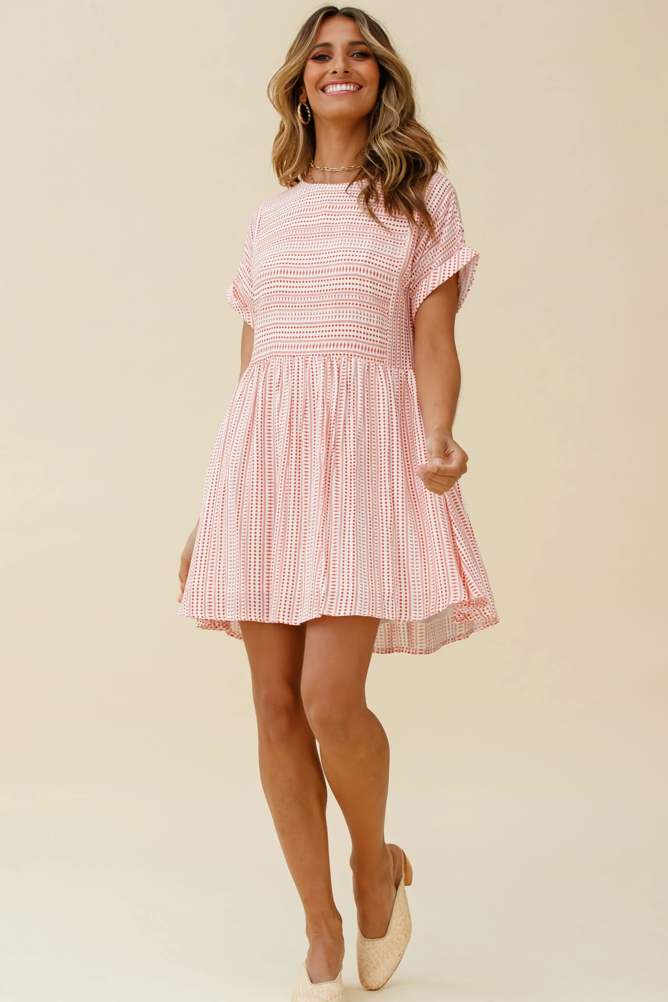 Susie Rolled Sleeve Crew Neck Swing Dress Stripe Pattern Red - Sonourner