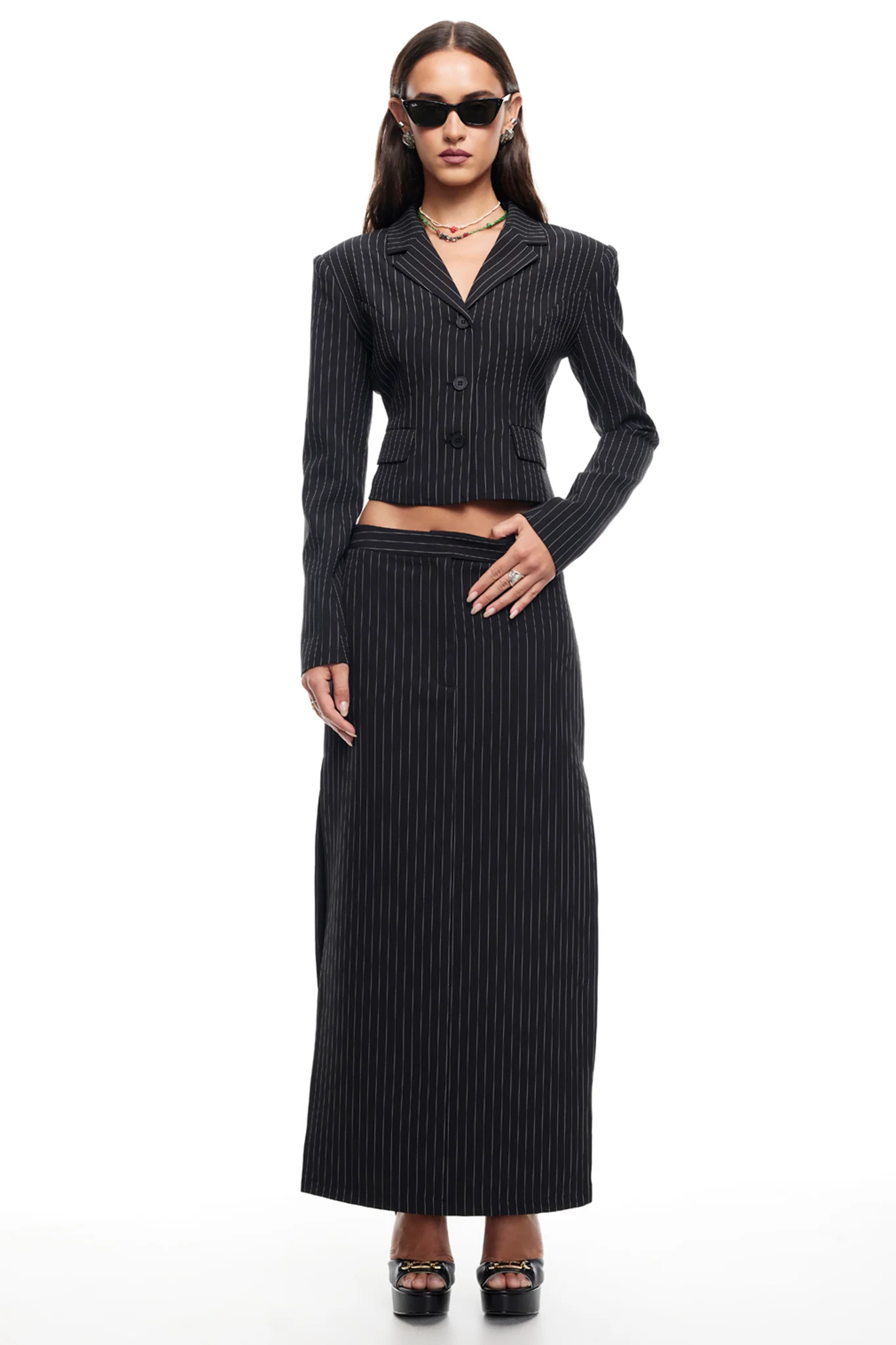 LIONESS Lune Maxi Skirt Onyx Pinstripe - Sonourner