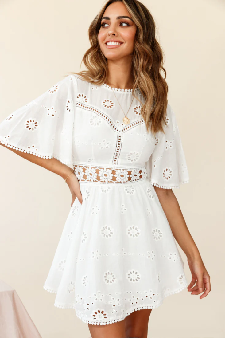 Anais Fluted Sleeve Exposed Back Broderie Anglaise Dress White - Sonourner