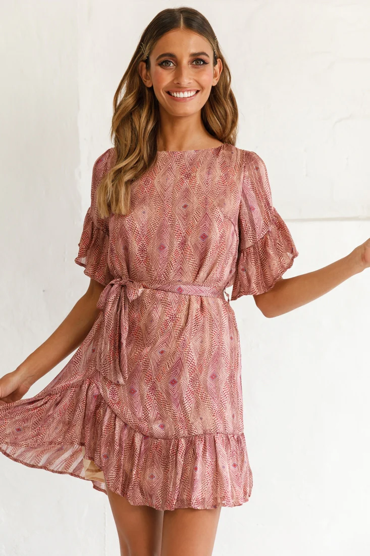 Azealia Ruffle Hem Dress Diamond Print Wine - Sonourner