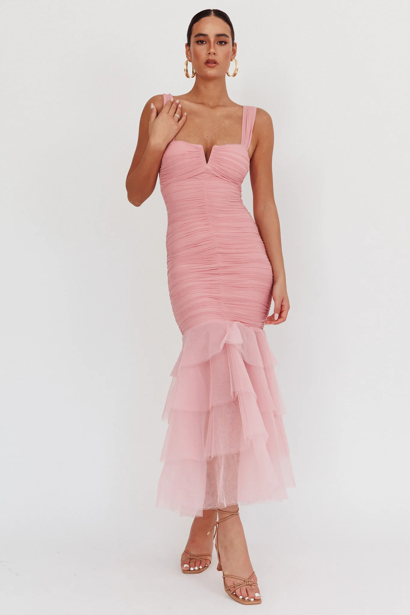 Nadia Tulle Hem Ruched Maxi Dress Pink - Sonourner