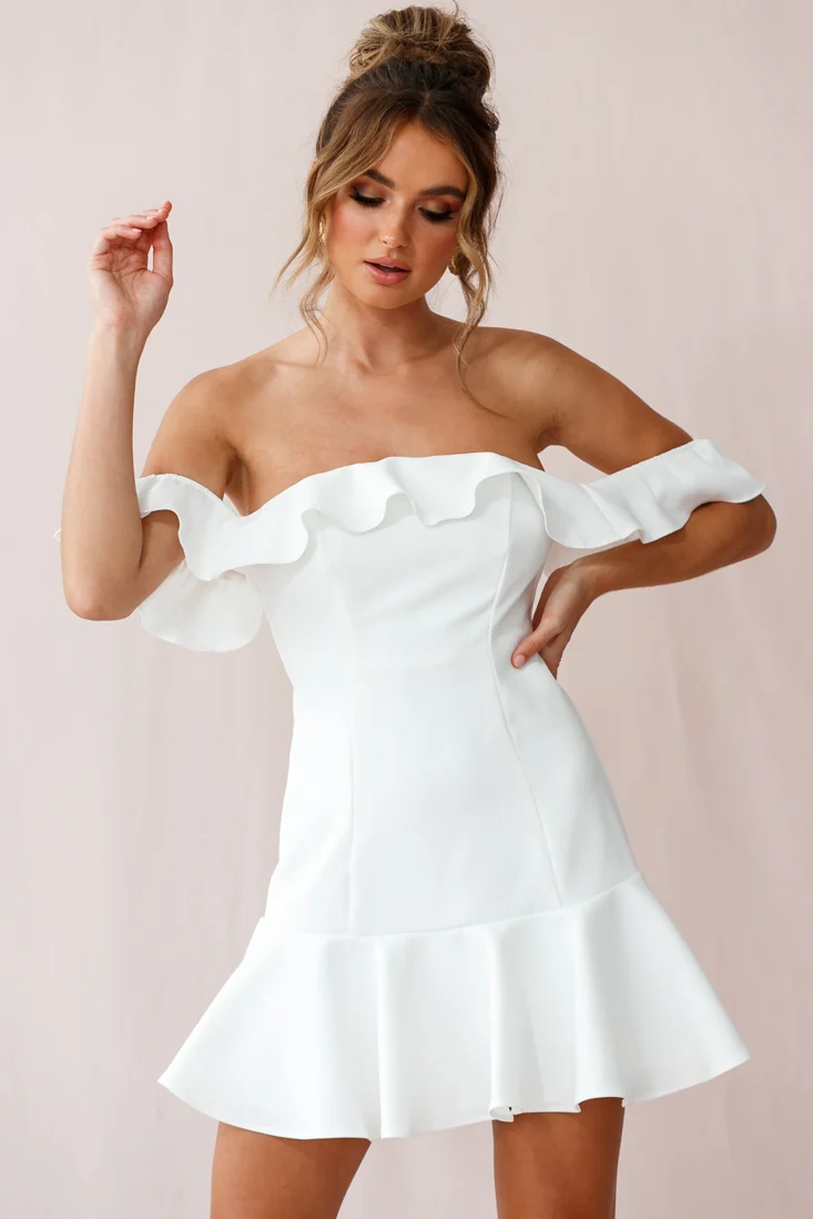 Ondine Bardot Neckline Fluted Hem Dress White - Sonourner