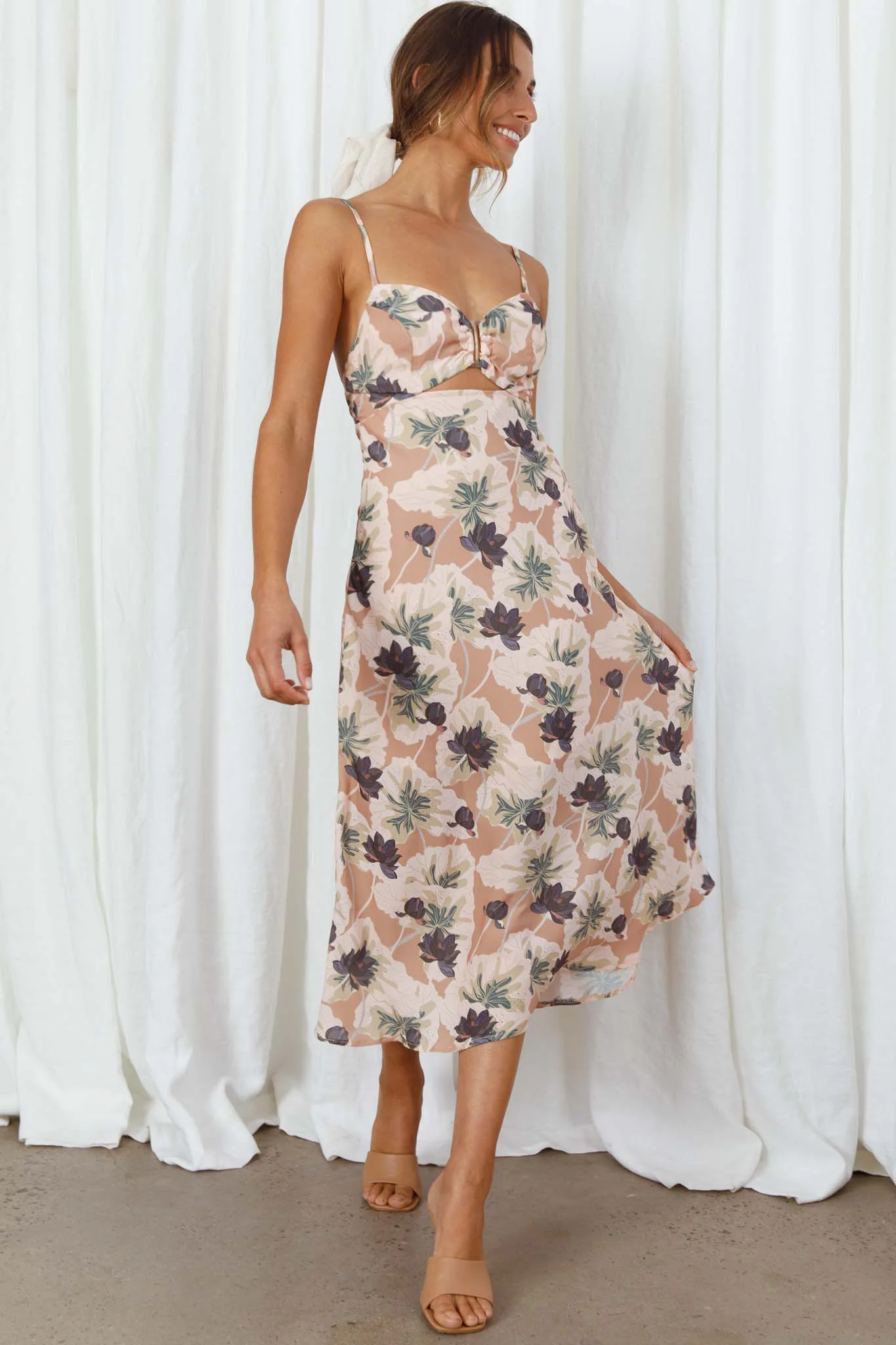 Melancholy Resin Buckle Satin Midi Floral Dress Mocha - Sonourner