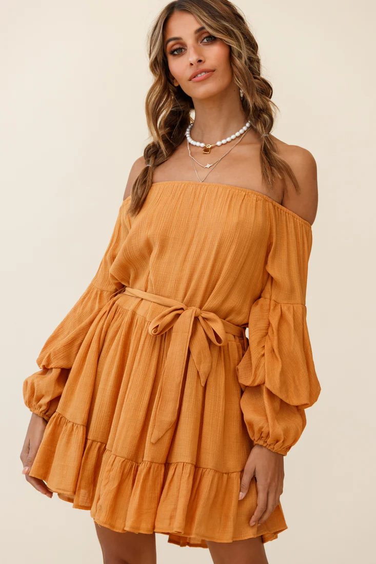 Frida Off-Shoulder Waist Tie Dress Tan - Sonourner