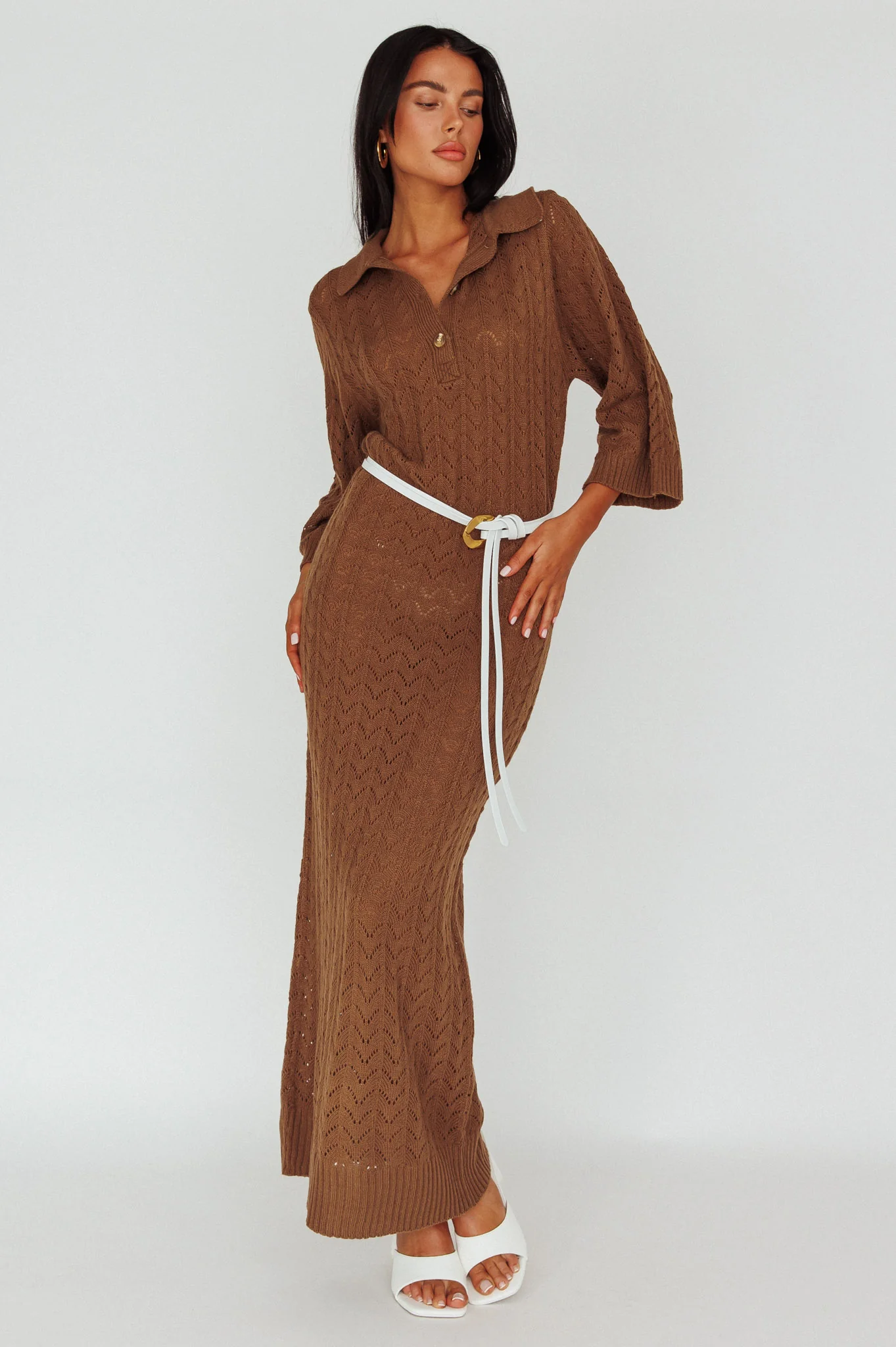Alouette 3/4 Sleeve Crochet Midi Dress Cocoa - Sonourner