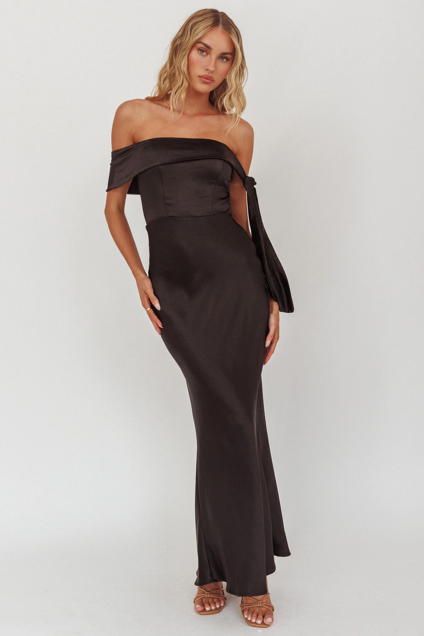 Aurora Sky Off-Shoulder Tie Maxi Dress Satin Black - Sonourner