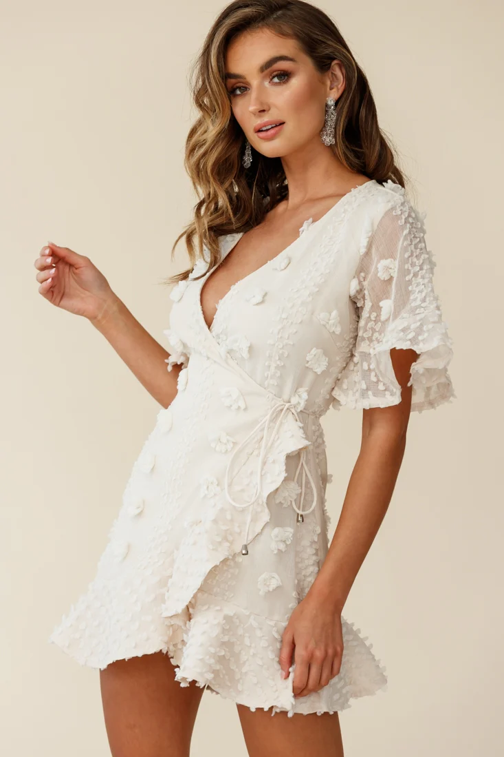 Chai Angel Sleeve Embellished Wrap Dress Beige - Sonourner