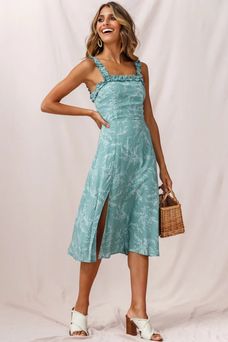 Magdalene Frill Strap A-Line Midi Dress Sage - Sonourner