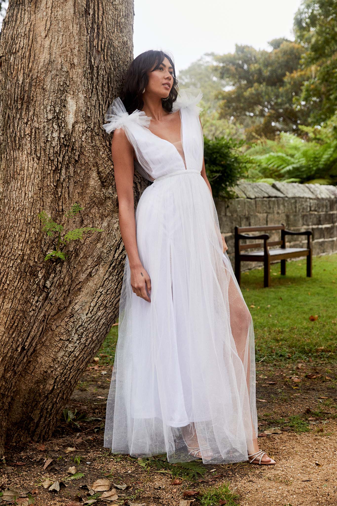 Ludivine Shoulder Accent Mesh Midi Dress Glitter White - Sonourner