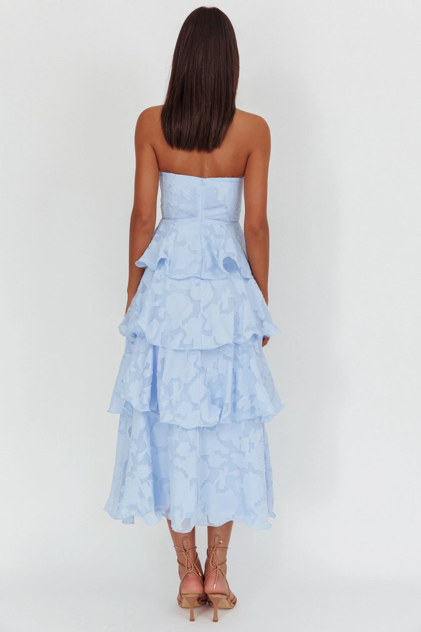 Giavana Strapless Layered Midi Dress Floral Embossed Blue - Sonourner