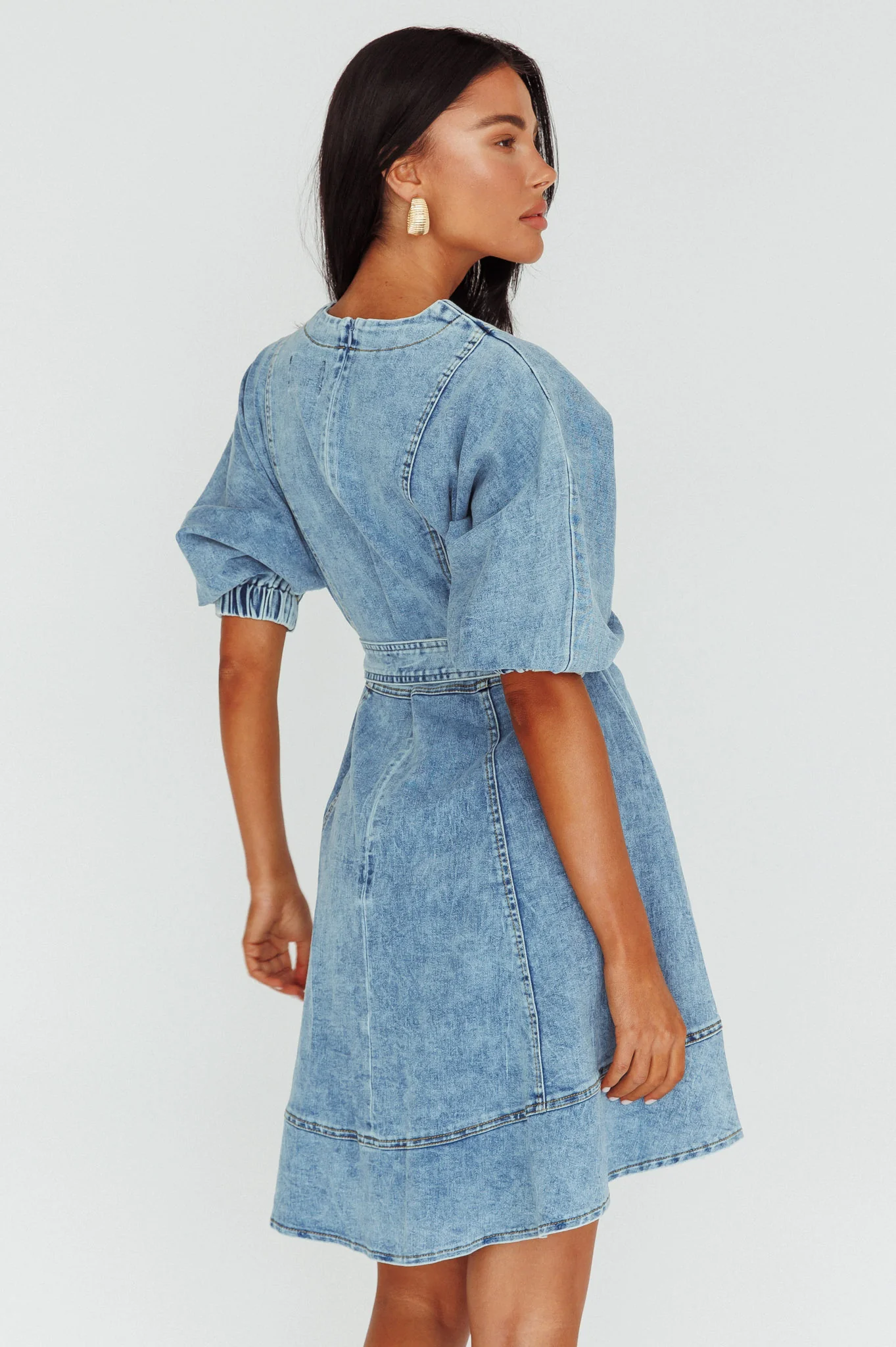 Cadijah Puff Sleeve Belted Mini Dress Denim Blue - Sonourner