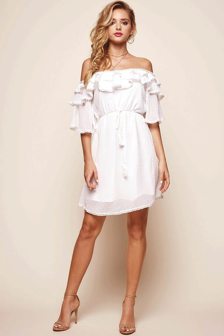 Springtime Hail Spot Chiffon Off Shoulder Dress White - Sonourner