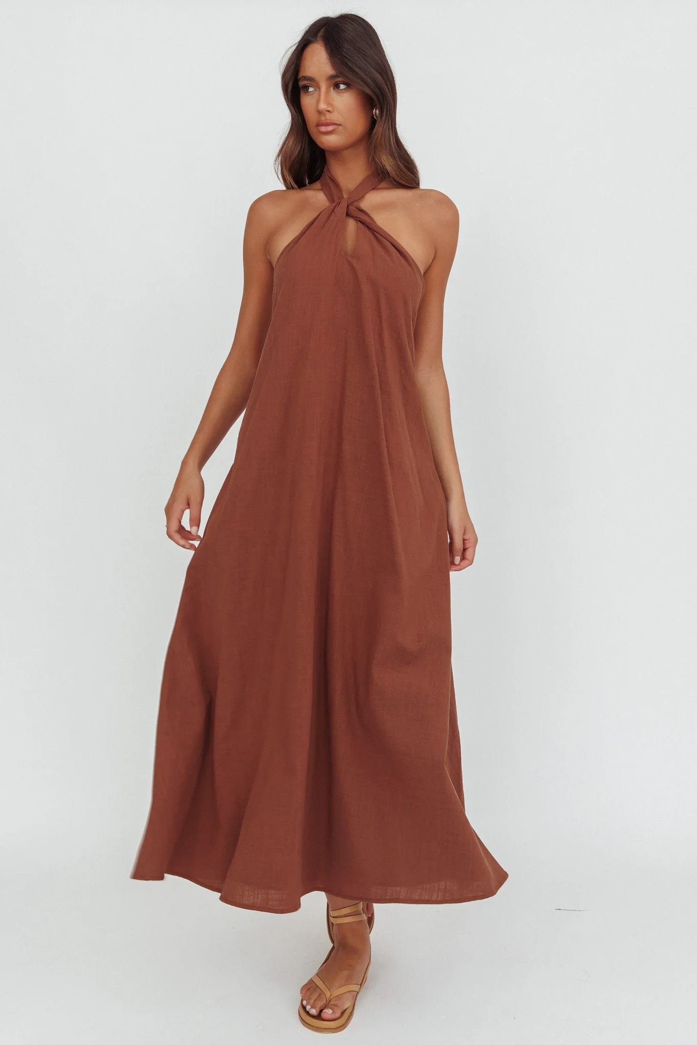 Cheer Twist Halterneck Maxi Dress Chocolate - Sonourner