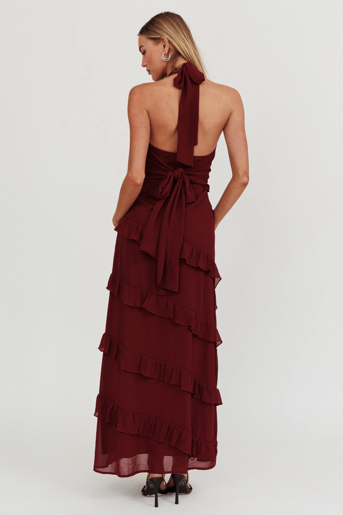 Flirt Frill Trim Halter Maxi Dress Wine - Sonourner