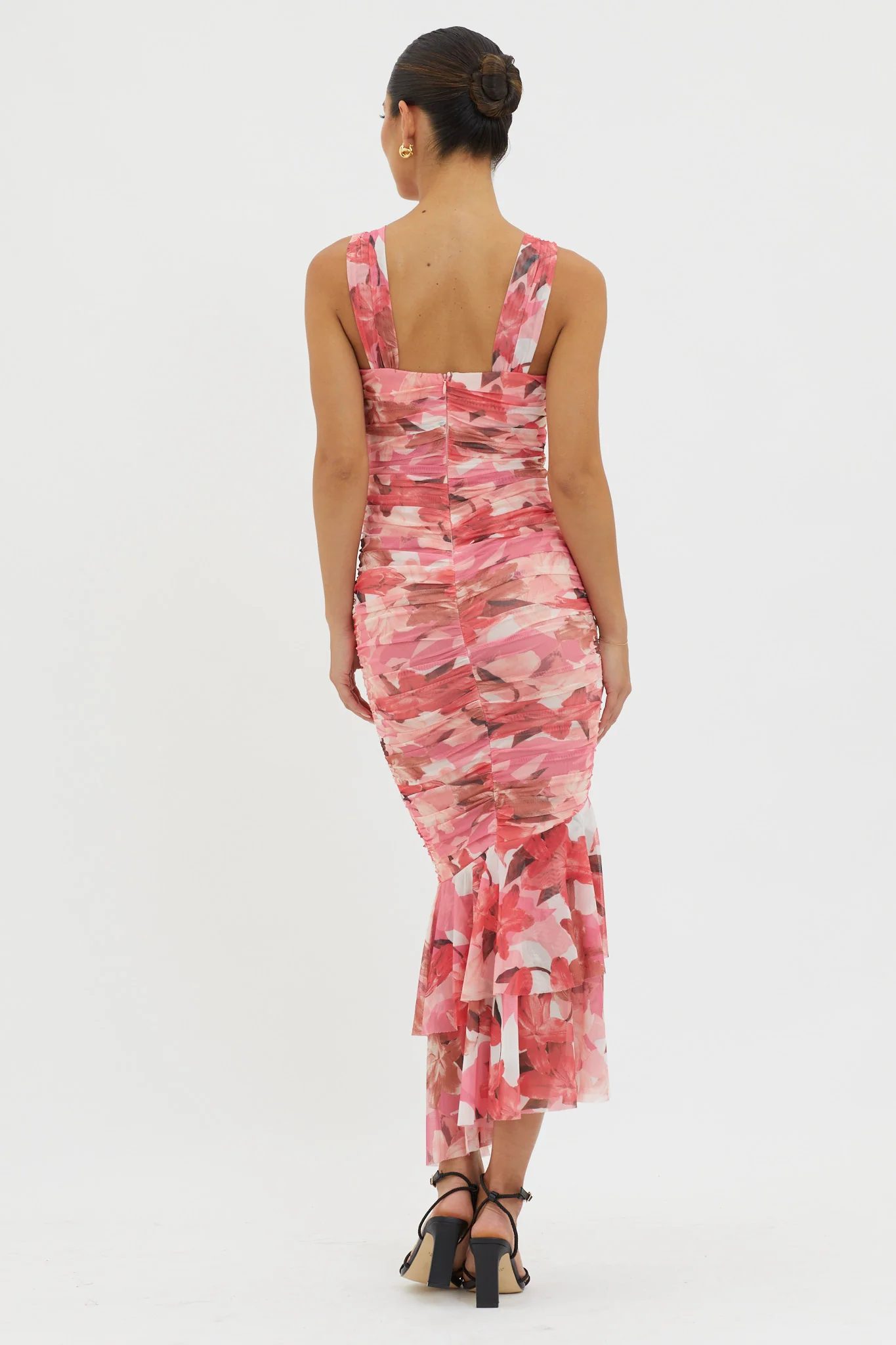 Nadia Ruched Fishtail Midi Dress Floral Pink - Sonourner