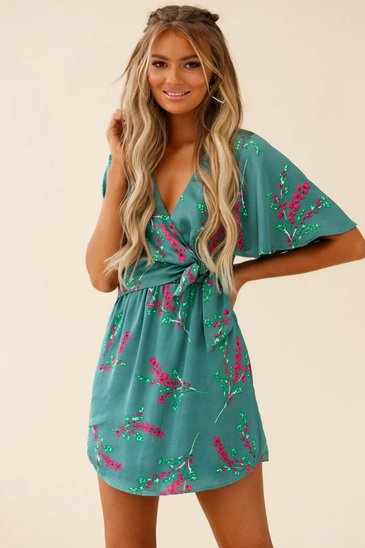 Stealing Hearts Flutter Sleeve Wrap Front Dress Floral Print Olive - Sonourner