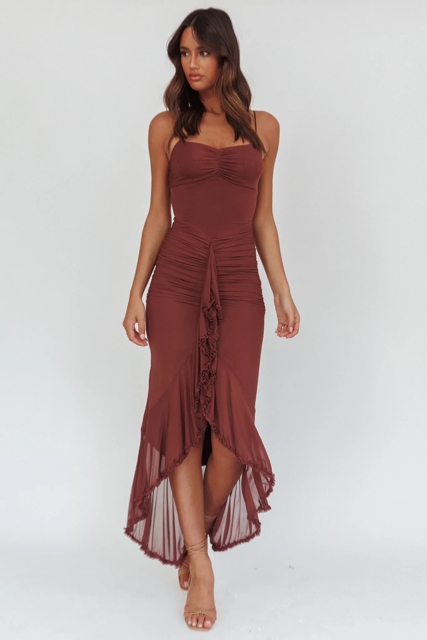Kamilah Gathered Cascading Ruffle Midi Dress Maroon - Sonourner