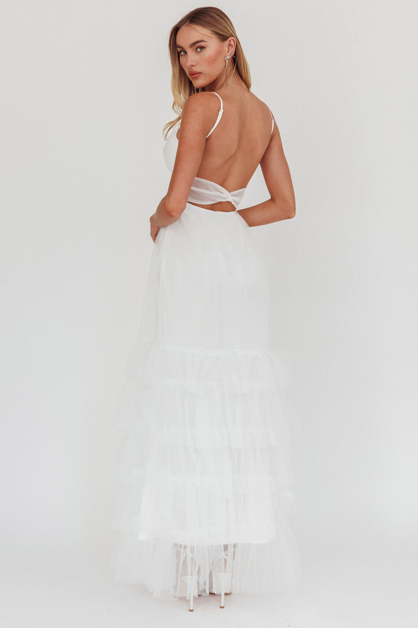 Nerida Twist Back Frill Trim Mesh Maxi Dress White - Sonourner