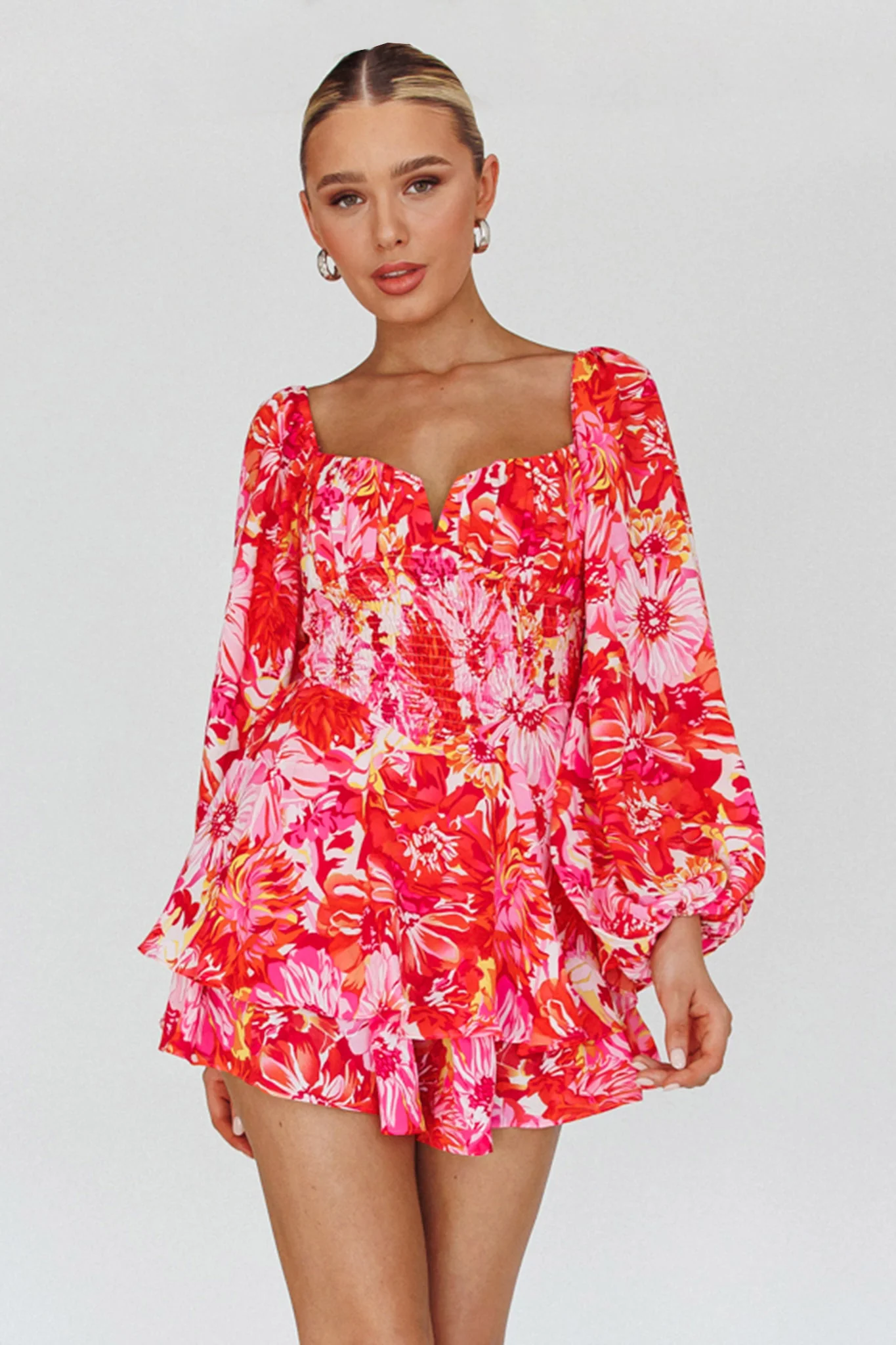 Evanice Shirred Waist Romper Floral Red - Sonourner