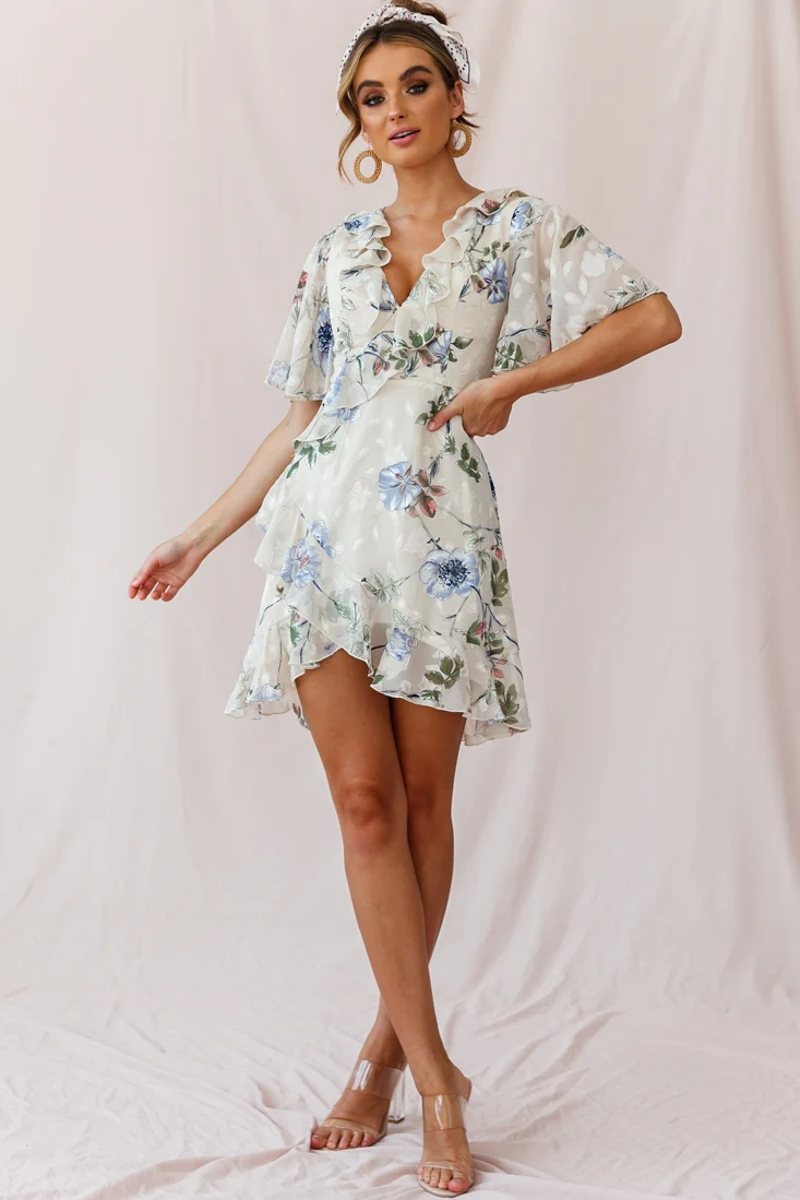 June Angel Sleeve Ruffle Detail Dress Floral Print Beige - Sonourner