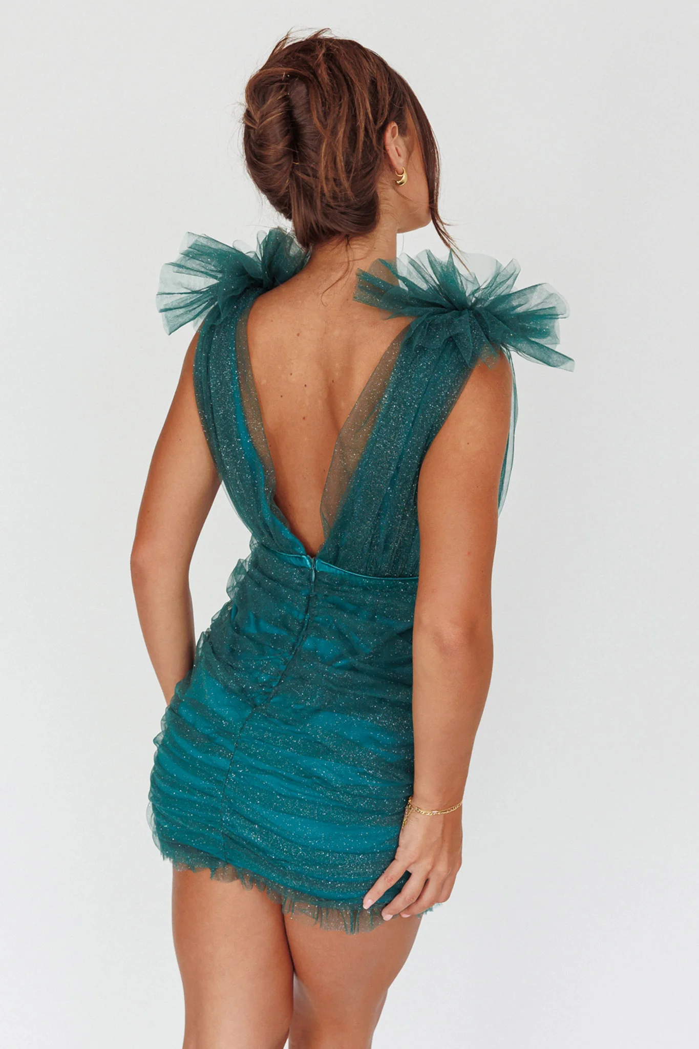 Ludivine Shoulder Accent Mesh Mini Dress Glitter Green - Sonourner