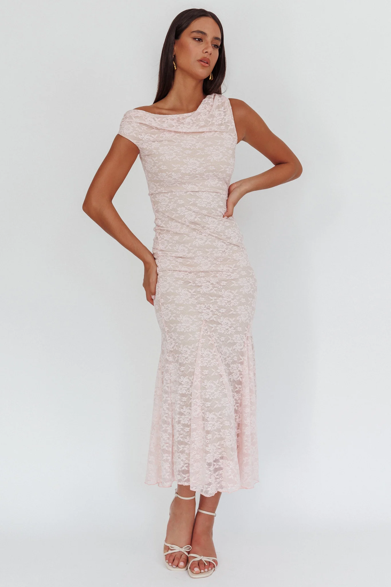 Diana Asymmetric Shoulder Godet Maxi Dress Lace Pink - Sonourner