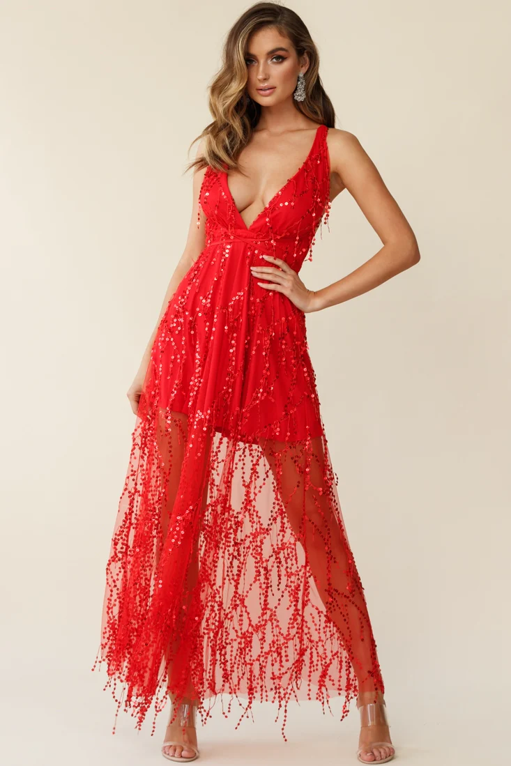 Tiara Sequin Maxi Dress Red - Sonourner