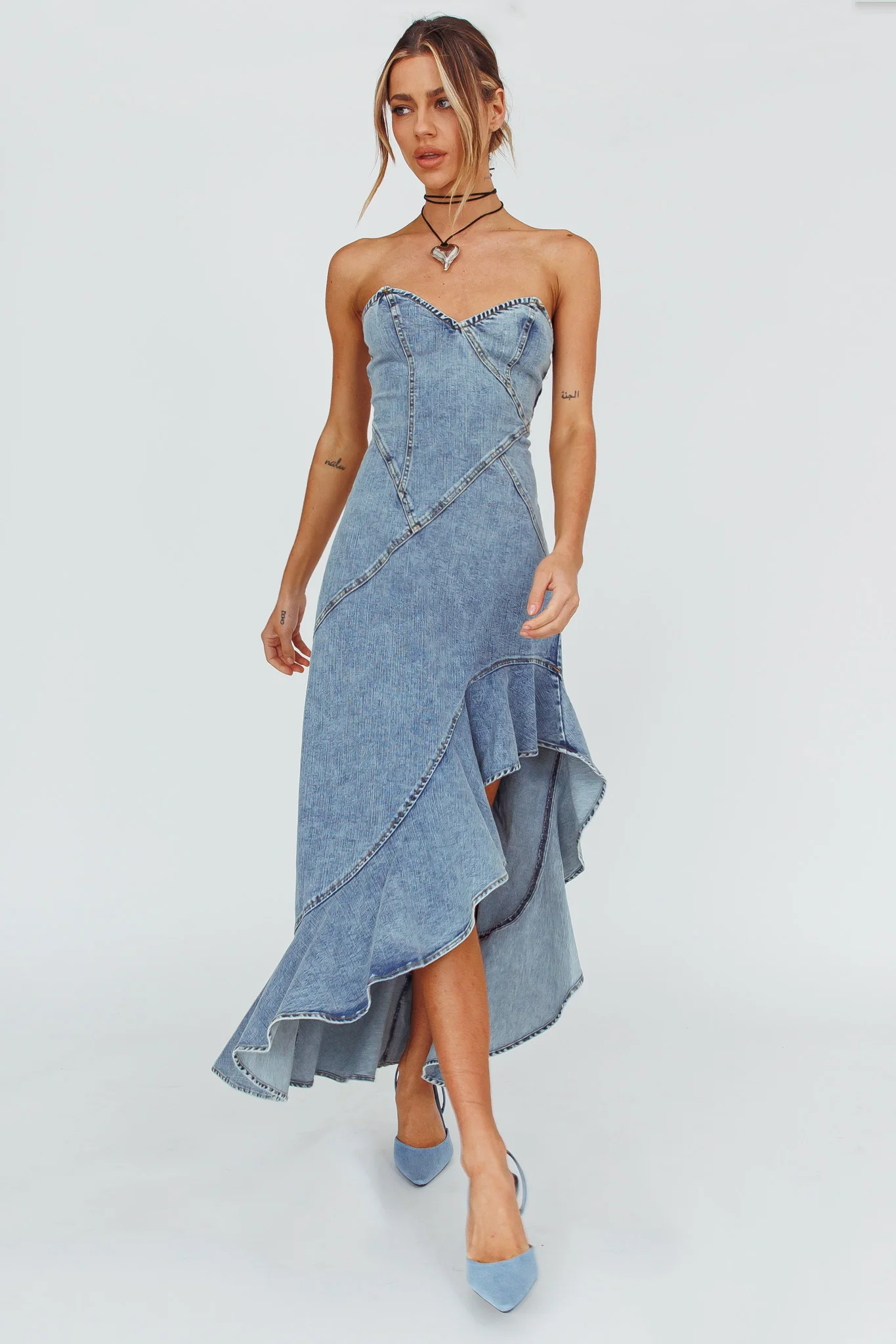 Moon Sweetheart Neckline Ruffle Midi Dress Denim - Sonourner