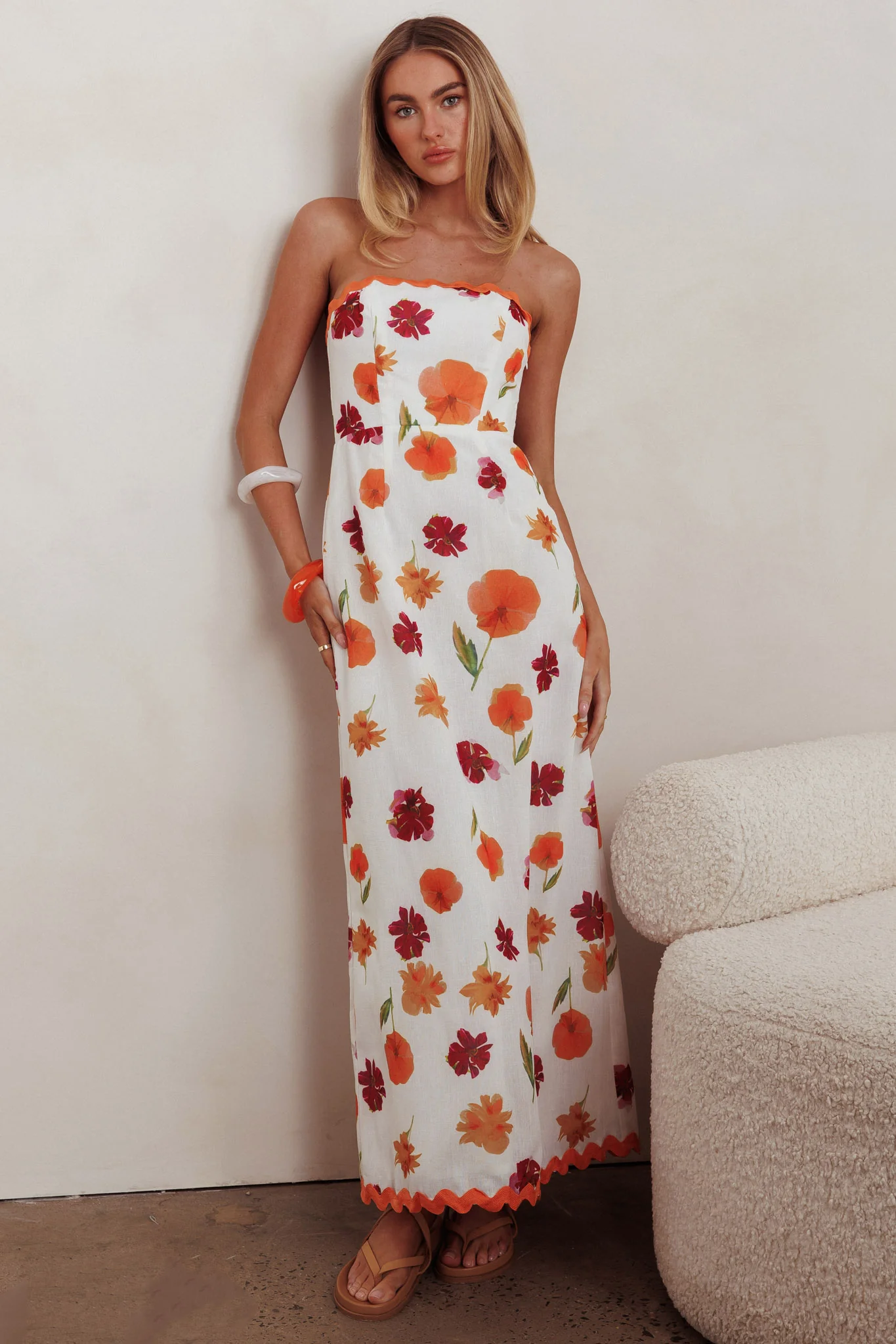 Cypress Ric Rac Trim Floral Strapless Maxi Dress Orange Multi - Sonourner