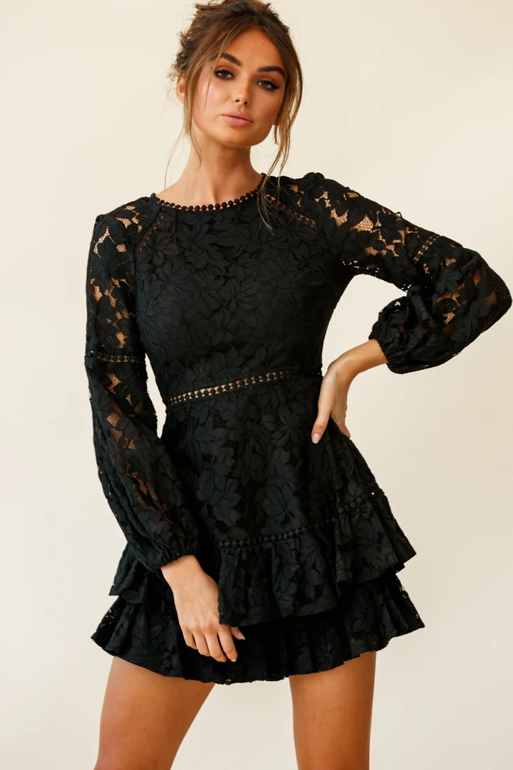 Henrietta Lace Overlay Long Sleeve Ruffle Dress Black - Sonourner