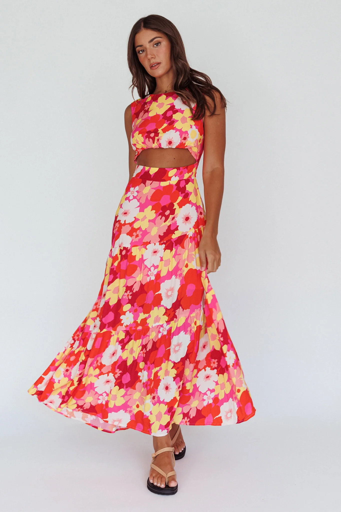 Shaniqua Cut-Out Sleeveless Midi Dress Floral Pink - Sonourner