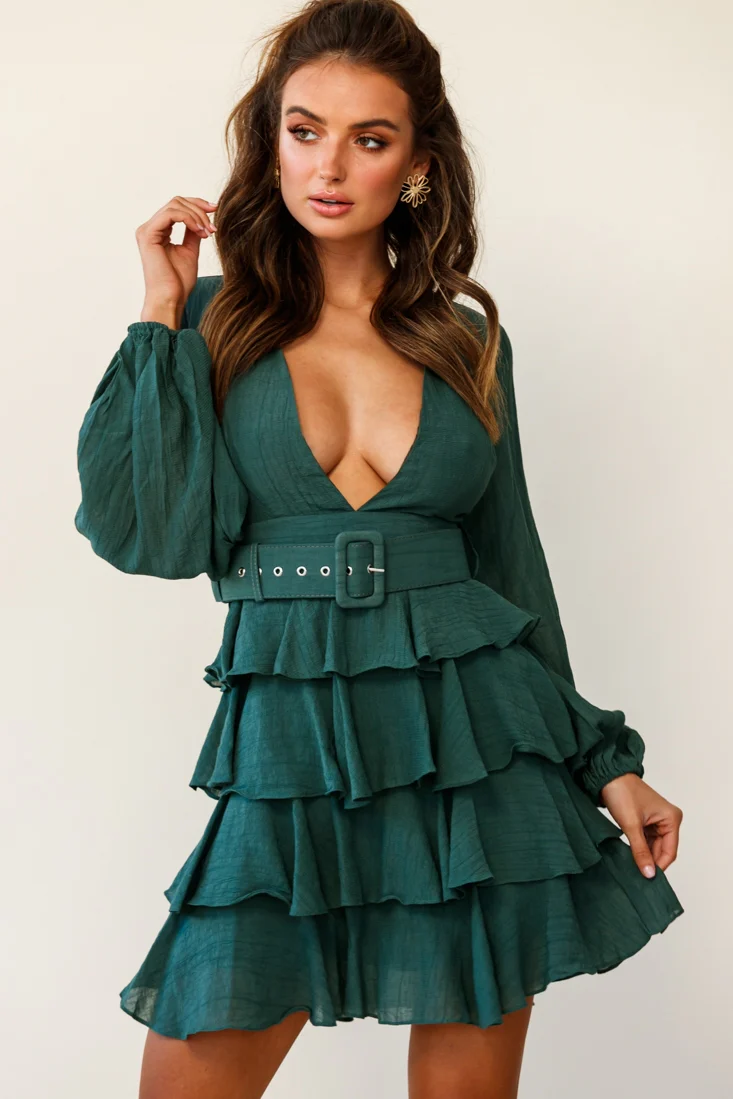Queensland Balloon Sleeve Tiered Frill Belt Dress Green - Sonourner