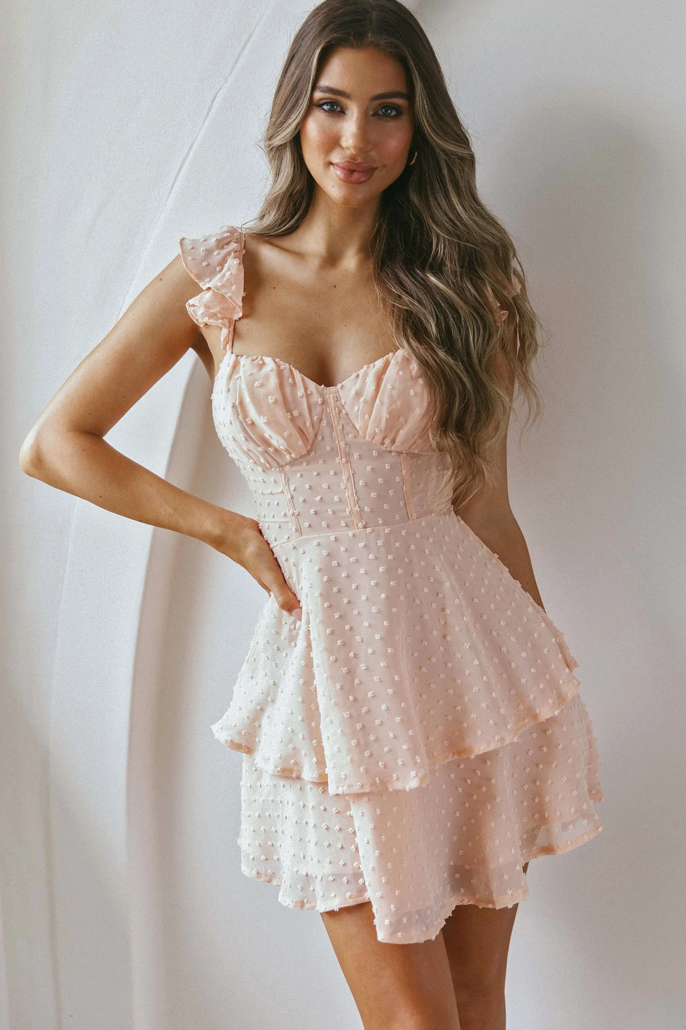 Theory Sweetheart Neckline Frill Strap Mini Dress Textured Peach - Sonourner