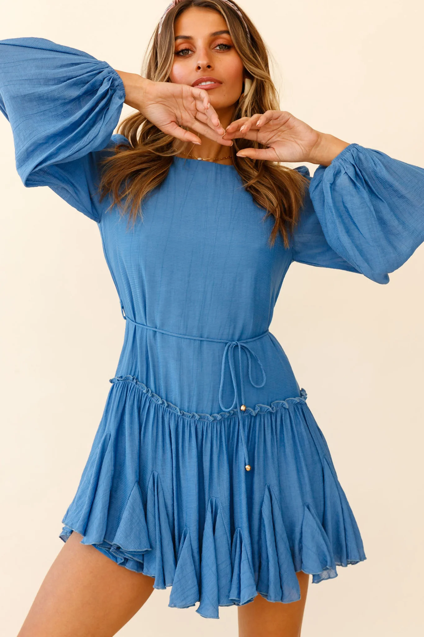 Rosabel Balloon Sleeve Fluted Hem Dress Denim Blue - Sonourner